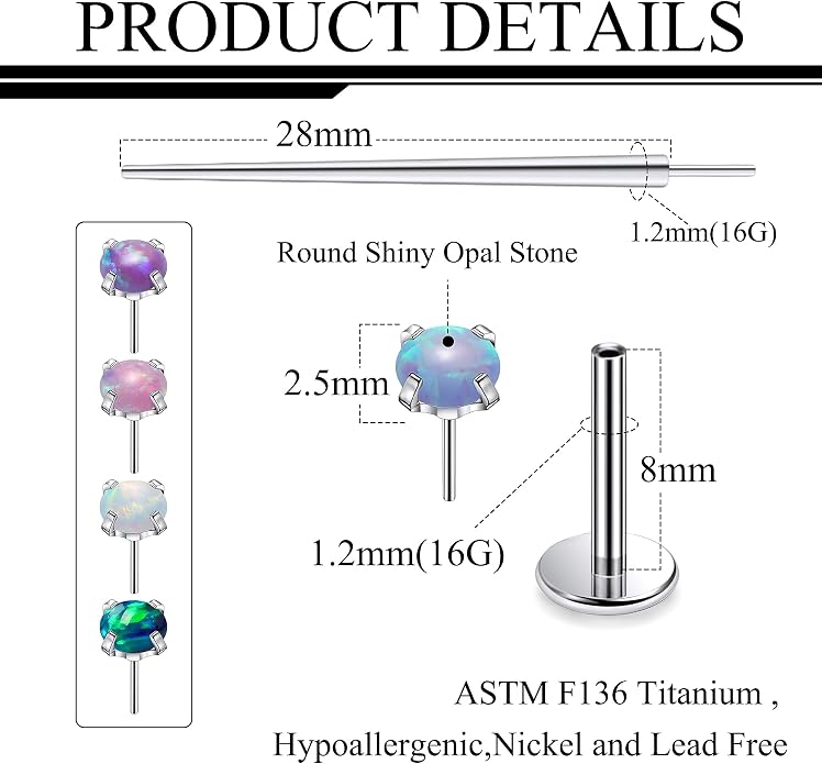 Ruifan Titanium Flat Back Lip Rings Threadless Push in Earrings Studs Nose Rings 20G 18G 16G Mix Colors Opal Tragus Cartilage Lobe Rook Helix Conch Labret Medusa Nostril Piercing Jewelry for Women Men