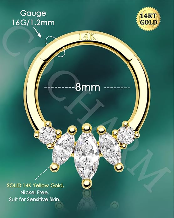 COCHARM 14K Gold Septum Rings 14K Yellow Gold Septum Piercing Jewelry 16g Septum Clicker 14kt Real Gold Daith Earrings Solid Gold Daith Piercing Hoop Daith Jewelry for Women Men