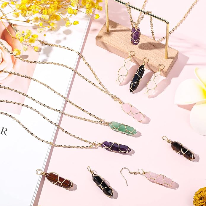 Sureio 18 Pieces Natural Healing Crystal Pendant Hexagonal Pointed Wire Wrapped Gemstone Quartz Pendant with Wire Wrapped Gemstone for Necklace Jewelry Making
