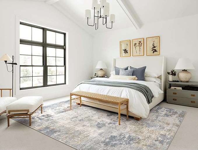 UERMEI 6x9 Area Rug Living Room Rugs - Washable Neutral Modern Abstract Soft Thin Large Rug Indoor Floor No Slip Rug Carpet for Bedroom Under Dining Table Home Office Decor - Blue Grey