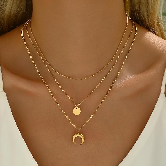 18K Gold Plated Layered Herringbone Necklaces for Women Dainty Layering Beaded Snake Chain Choker Moon Coin Pendant Necklace Trendy Stainless Steel Jewelry