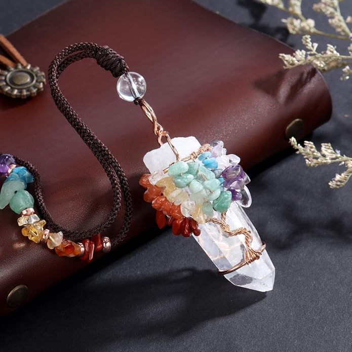 Jovivi 7 Chakra Gemstone Wire Wrapped Natural Clear Quartz Healing Crystal Point Pendant Necklace for Women Mother's Day Gift