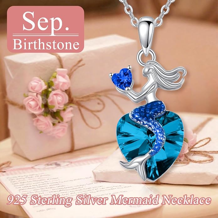 Mermaid Birthstone Necklace for Women 925 Sterling Silver Jewelry Austrian Crystal Pendant Christmas Gifts for Her