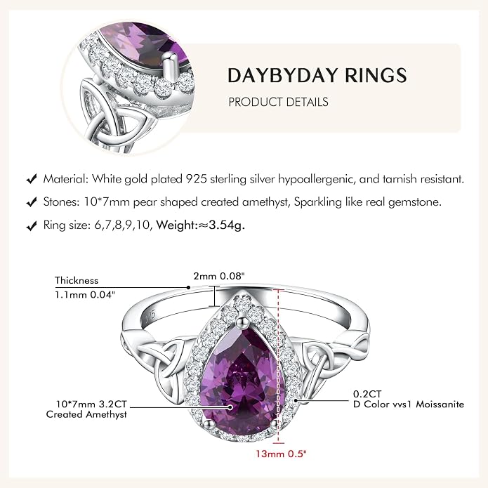 DAYBYDAY Celtic Birthstone Rings for Women 925 Sterling Silver Heart/Round/Pear/Oval Created Gemstone Moissanite Halo Engagement Promise Rings for Her Wife Birthday Anniversary Wedding Jewelry