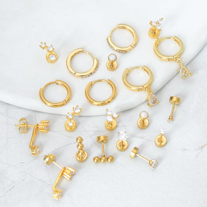 Stainless Steel Stud Earrings Set for Women Hypoallergenic Flat Back Cartilage Earrings Screw Back Huggie Hoop Earrings Multiple Piercing Cubic Zirconia Helix Tragus Jewelry