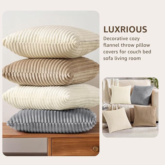 decorUhome Flannel Beige White Throw Pillow Covers 18X18 Set of 4 | Decorative Fall Soft Fluffy Striped Double-Sided Couch Pillow Covers, Modern Farmhouse Pillow Cases for Sofa bed Home Decor