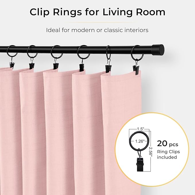 INOVADAY 100% Blackout Curtains for Bedroom, Baby Pink Black Out Curtains 90 Inch Long, Clip Rings Linen Blackout Drapes, Thermal Insulated Room Darkening for Living Room, 2 Panels - W50xL90