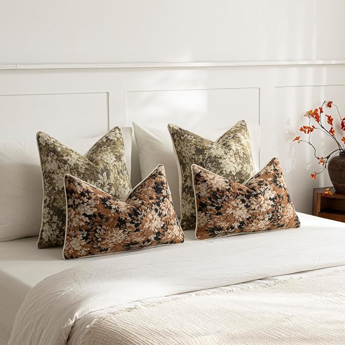 DEZENE Pack of 2 Vintage Floral Pillow Covers 12x20 Boho Farmhouse Accents Chenille Rectangular Lumbar Decorative Throw Pillow Cases for Living Room Couch Bed Home Decor, Cognac