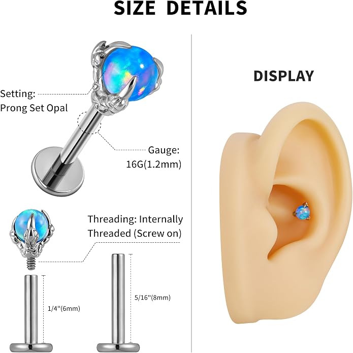 FINE4U 16G ASTM F136 Titanium Dragon Claw Piercing Jewelry Stud with 6mm 8mm post for Conch Helix Tragus Flat, Hypoallergenic Internally Threaded