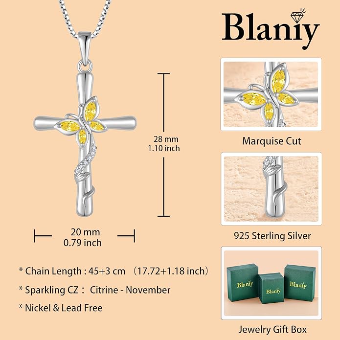 Cross Necklace for Women 925 Sterling Silver Butterfly Necklace Birthstone Pendant Created Gemstone Jewelry Gifts for Women