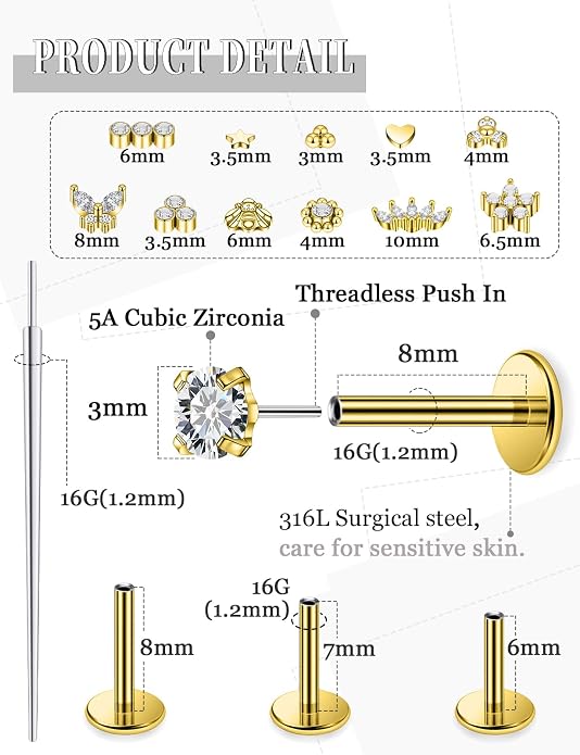 14K Gold Filled 20G 18G 16G Threadless Flat Back Earrings Studs Surgical Stainless Steel Clear CZ Push In Nose Rings Studs Tragus Helix Conch Cartilage Earrings Piercing Jewelry For Women Men