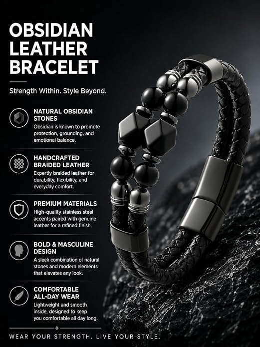 Black Braided Leather Bracelet for Men with Turquoise, Lapis Lazuli, Tiger Eye, Obsidian Stone Double-Row Wristband Beads with Stainless Steel Clasp Fashion Jewelry Gift for Him