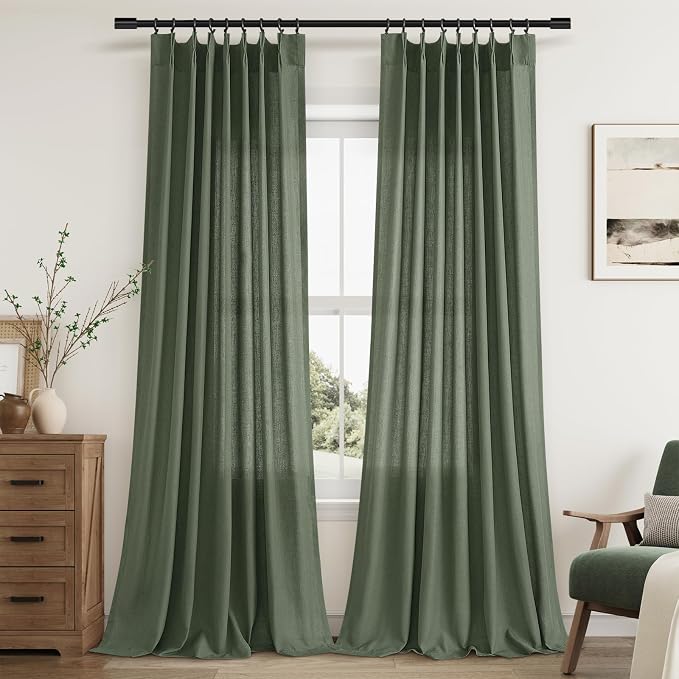 Green Pinch Pleated Curtains 108 Inches Long 2 Panels for Living Room Dining Privacy Light Filtering Extra Long Olive Pleated Linen Drapes with Hooks Back Tab Ceiling Floor for Bedroom Window 9Ft