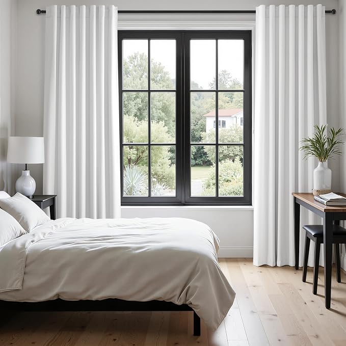 90 inch long 100% Blackout linen curtains 2 Panels set Beige White Window Drapes with Back Tab Rod Pocket Light Blocking Room darkening Thermal Insulated Curtains for Bedroom Living Room 7.6 FT