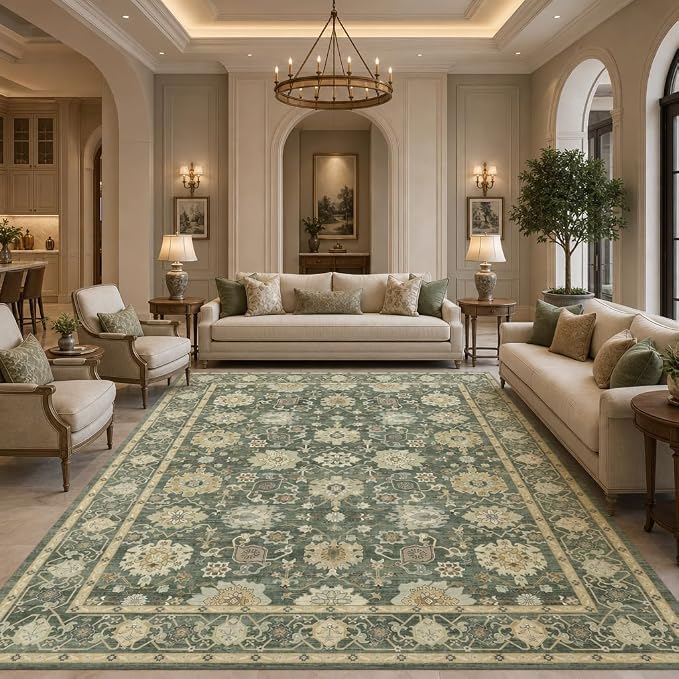 AMADA HOMEFURNISHING 9x12 Area Rug for Living Room, Vintage Washable Area Rug Low-Pile & Non-Slip Carpet for Bedroom Dining Room Nursery Home Office, Olive Green