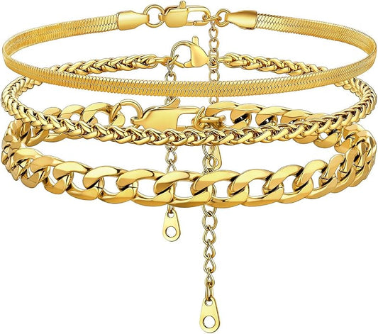 KeyStyle Paperclip Ankle Bracelets for Women, 14k Gold Plated Cuban Chain Rope LInk Anklets Sets, Stainless Steel Figaro Layered Anklet Pack Summer Jewelry(2PCS, 3PCS)