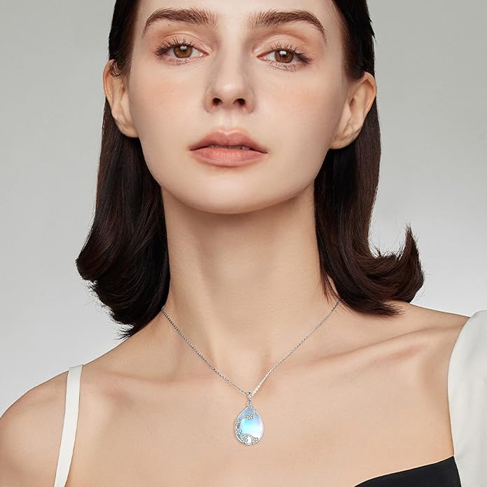 YAFEINI 925 Sterling Silver Moonstone Necklace Filigree Teardrop Pendant Necklace Jewelry for Women Girls