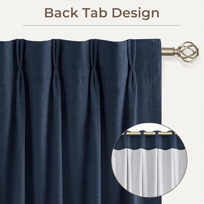 CAPALOCA Navy Blue Linen Pinch Pleated Curtains Blackout, 100% Black Out Curtains 108 inch Long for Bedroom, Blackout Thermal Insulated Pinch Pleated Drapes for Living Room, 40" W x 108" L, 2 Panels
