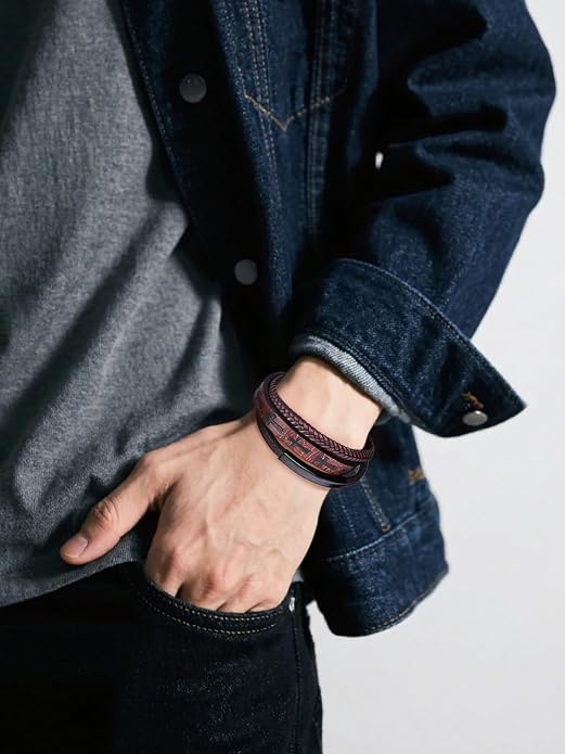 Mens Leather Cross Bracelet Multilayer Braided Wristband Bangle Bracelets with Stainless Steel Buckle Religious Gift for Men Brown/Black/Blue–8.3 inch