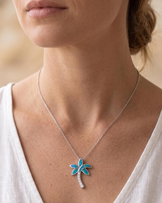 Created Blue Opal Ocean Necklace for Women, 925 Sterling Silver Pendant, 18 Inch Chain, Beach and Sea Life Jewelry Collection