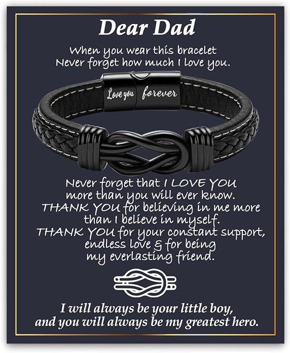 Gifts for Men Infinity Leather Bracelet for Dad New Daddy Husband Boyfriend Son Grandson Brother Nephew Uncle Black Braided Engraved Leather Jewelry Gifts for Fathers Day Birthday Christmas