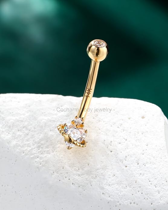 COCHARM 14K Gold Belly Button Ring, 14K Heart Gold Navel Ring for Women, Hypoallergenic Piercing Jewelry, 14G Gauge, 10MM Barbell Length, Sparkly Star Halo Design