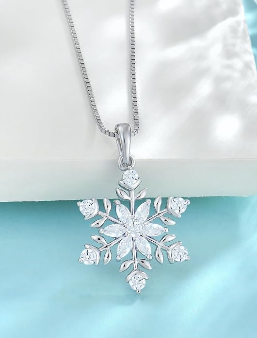 PYNYZ Snowflake Necklace 925 Sterling Silver Snoefalke Birthstone Pendant Christmas Jewelry for Women