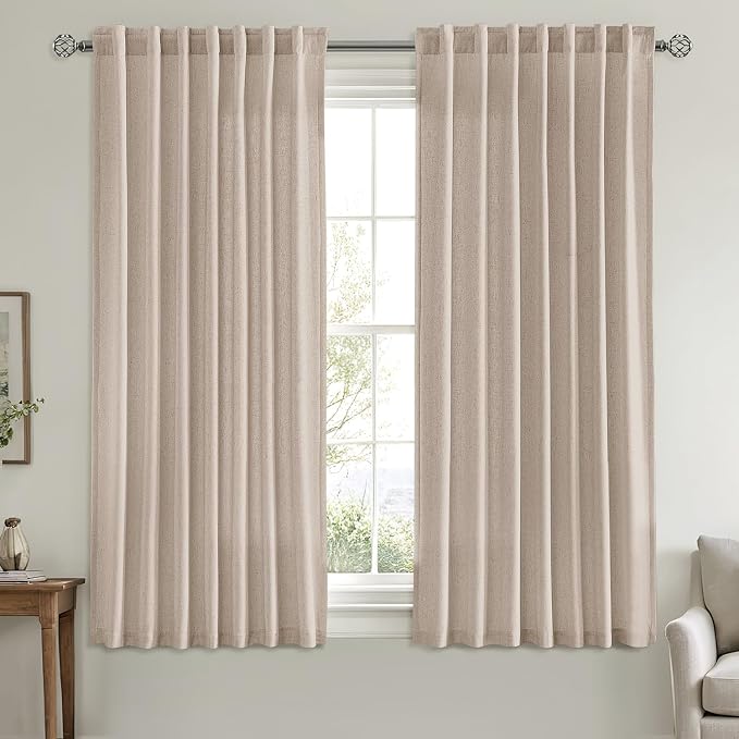 MIULEE Non-See-Through Privacy Linen Curtains 52W x 63L Inch Burlywood | 2 Panels, Light Filtering, Semi Sheer Window Curtains, Farmhouse Textured, Back Tab Drapes for Bedroom Living Room