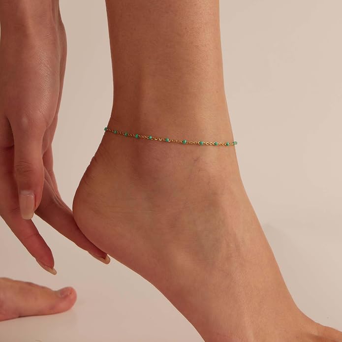 Dainty Ankle Bracelets for Women 18K Gold Plated Satellite Beaded Herringbone Lip Chain Anklets Simple Minimalist Summer Beach Foot Jewelry Christmas Gifts