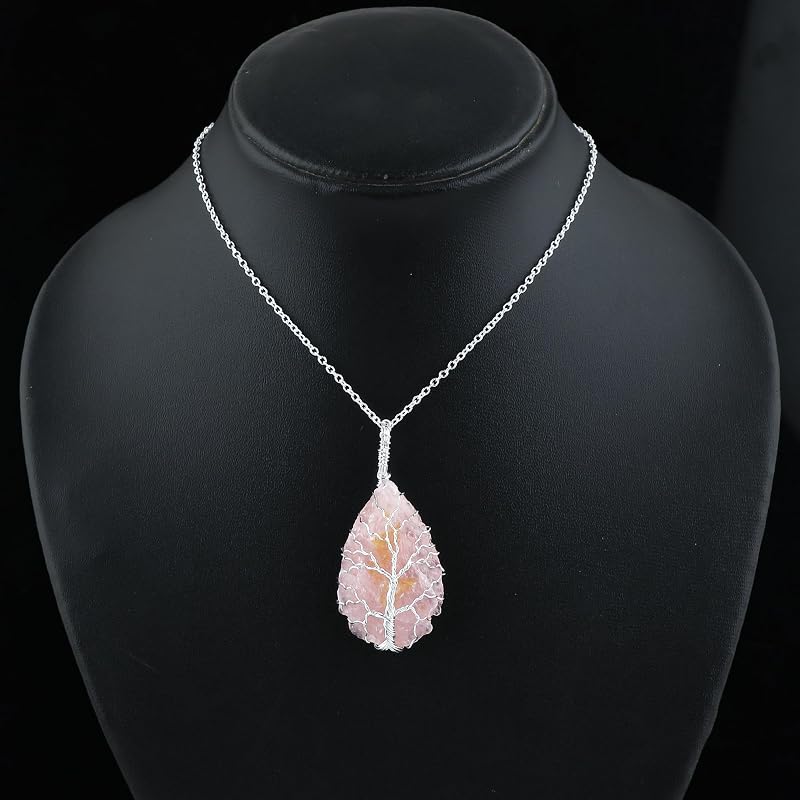 Tree of Life Craft - Raw Rose Quartz Rough Crystals Pendant Necklace, Arrow Shape, Wire Wrapping, Gift Giving Women Jewelry with Dainty Silver Plated Chain 18 inch (1pcs)