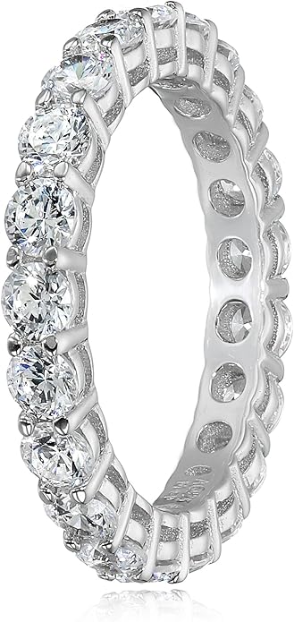 Amazon Essentials Platinum or Gold Plated Sterling Silver All-Around Band Ring set with Round Infinite Elements Cubic Zirconia