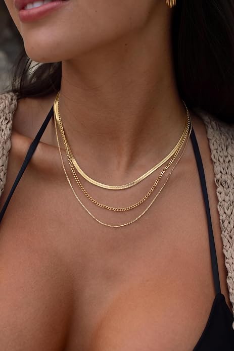 Tewiky Layered Necklaces for Women Non Tarnish- Chunky 14k Gold Plated Herringbone/Snake/Rope/Box/Cuban Link Chain for Women Waterproof Layering Stack Choker Necklace Trendy Dainty Tarnish Free Jewelry Set