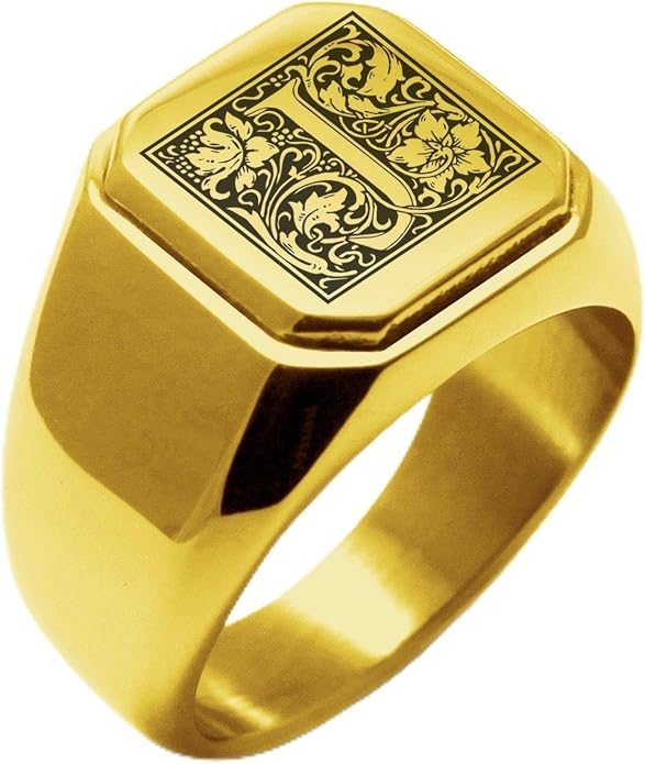Jewelry | Stainless Steel Letter Alphabet Initial Ring | Square Flat Top Ring for Men & Women | Stainless Steel Jewelry, (Black, Gold, Silver), Size 7-16