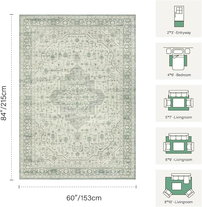 Rugxara 5X7 Washable Area Rug for Living Room, Vintage Large Boho Rugs for Office, Dining Room, Kids Room, Farmhouse, Durable Low Pile Non Slip Carpet for High Traffic Areas, Sage Green