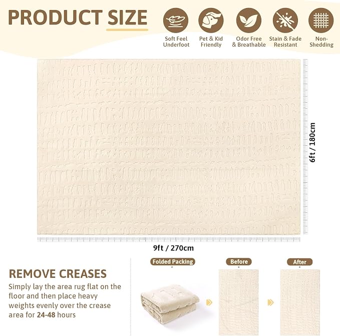 Yamaziot 6x9 Washable Area Rug, High-Low Grid Textured Living Room Rugs, Soft Fluffy Non-Slip Mats Stain Resistant Contemporary Boho Carpet for Dining Room, Kids Nursery Room, Bedroom, Office