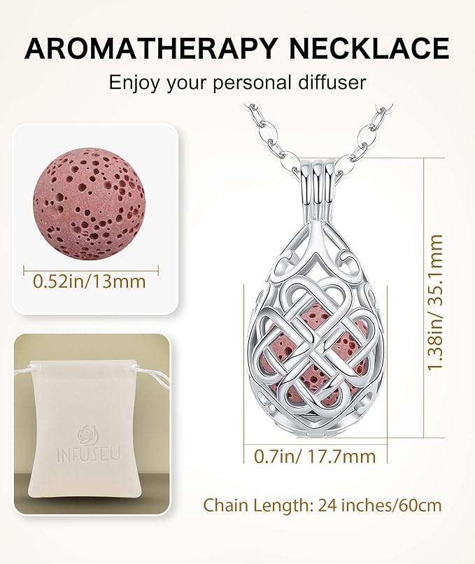 INFUSEU Celtic Jewelry for Women Essential Oil Diffuser Necklaces Aromatherapy Gifts Lava Rock Stone Irish Knot Teardrop Pendant Aroma Perfume Spiritual Items for Meditation Yoga