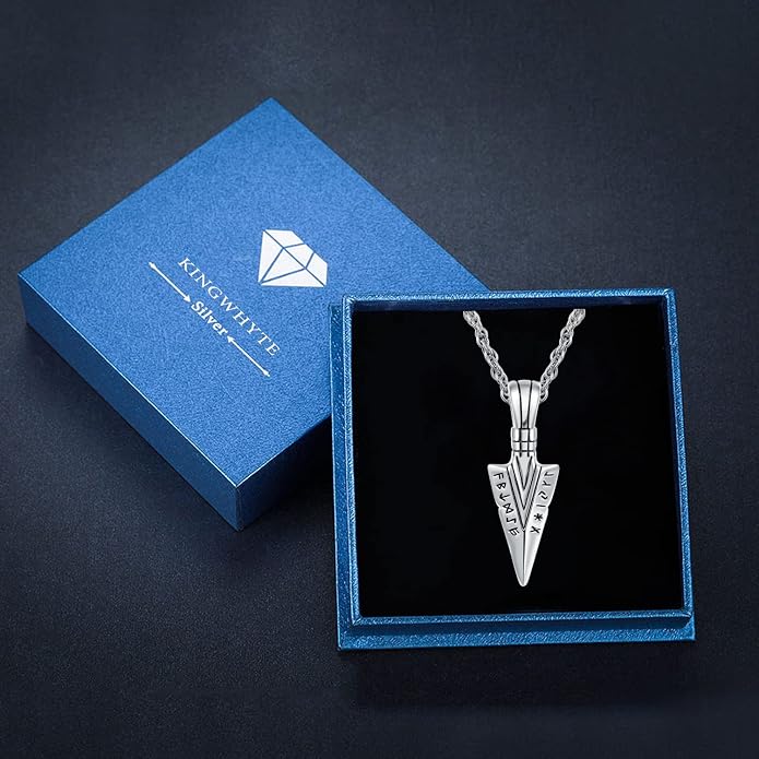 KINGWHYTE 925 Sterling Silver Arrowhead Viking Necklace for Men | Spear Head Pendant,Norse Viking Amulet Jewelry, Birthday Gifts, with 20" + 2'' Chain