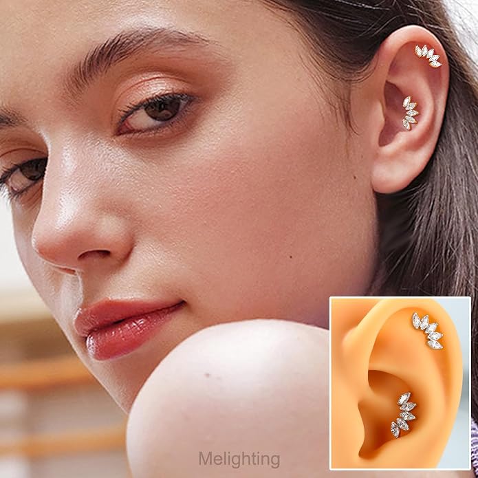 Melighting 16G Curved Helix Earring, Sterling Silver 925 Tragus Conch Stud Internally Threaded, Clear Marquise Round CZ Flat Back Lobe Labret Cartilage Piercing Jewelry for Women 6/8 mm