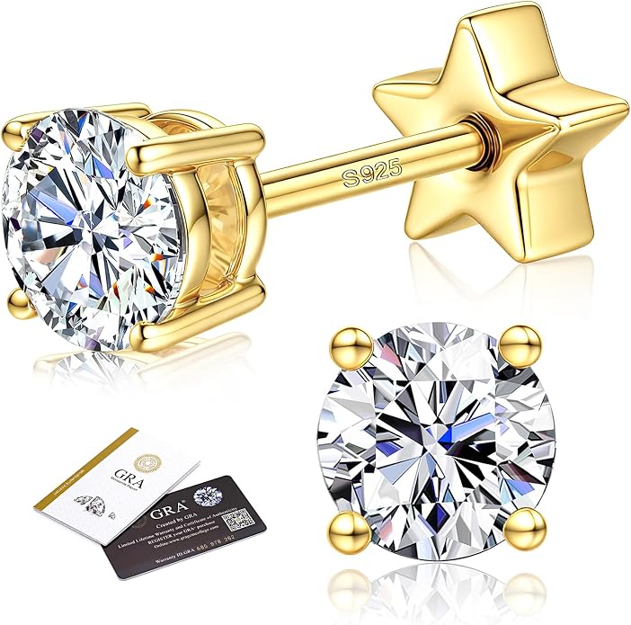 Moissanite Earrings Studs - 925 Sterling Silver Earrings for Women Men 14K Gold Plated Double Sided Star Flat Back Stud Earring Hypoallergenic Small Cartilage Helix Piercing Jewelry D Color VVS1