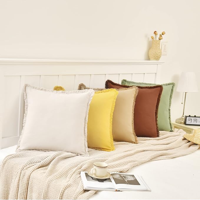 ZWJD Pillow Covers 16x16 Set of 2 Khaki Throw Pillow Covers with Fringe Chic Cotton Decorative Pillows Square Cushion Covers for Sofa Couch Bed Living Room Farmhouse Boho Decor