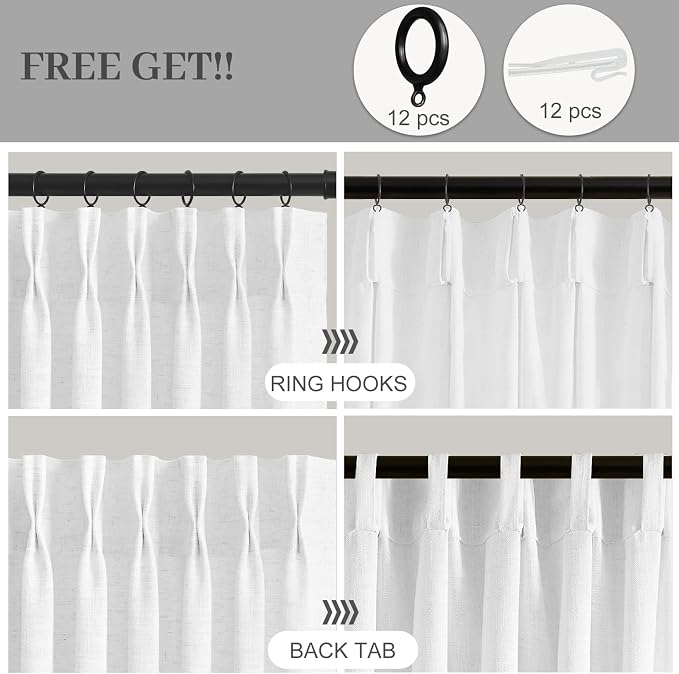 Extra Wide Pinch Pleated Curtains 90 Inches Long for Sliding Glass Door 60 Inch Wide Linen Curtain Memory Trained Pleated Drapes Hooks Rings 60x90 Curtain for Large Window, Snow White, 1 Panel