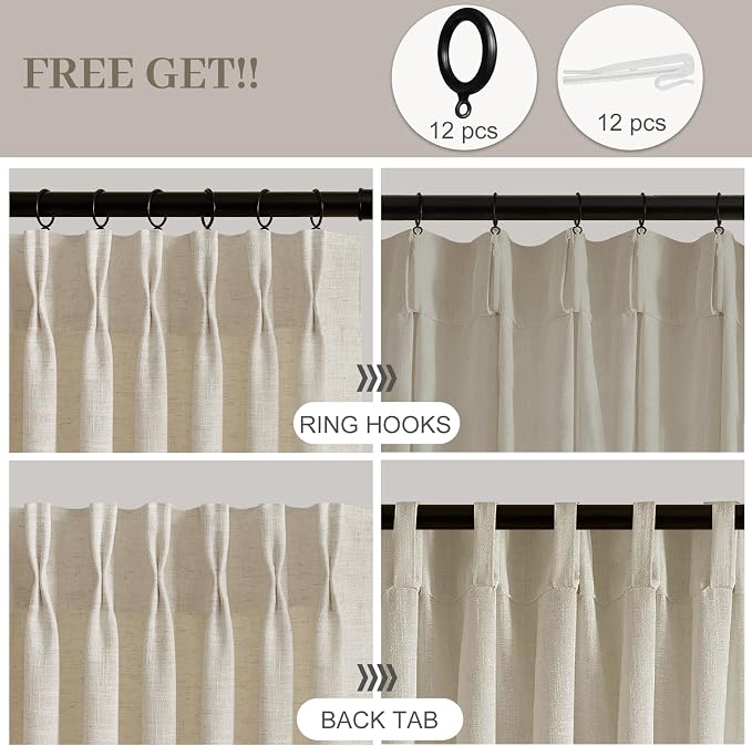 Extra Wide Pinch Pleated Curtains 102 Inches Long for Sliding Glass Door 60 Inch Wide Linen Curtain Memory Trained Pleat Drapes Hooks Rings 60x102 Curtain for Large Window, Burlywood Birch, 1 Panel
