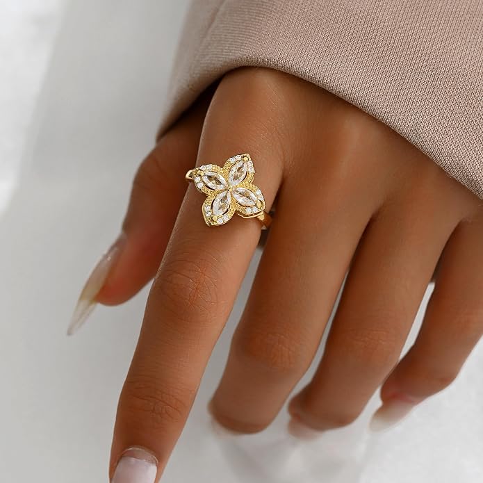 NONAMOIS Gold Rings for Women Evil Eye Flower Open Anti Anxiety Spinner Ring Adjustable Fidget Rings Jewelry Christmas Gifts