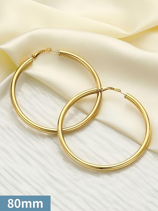 Stainless Steel Chunky Hoop Earrings For Women, Minimalist and Chic, Black/Gold Plated, Round Hoops Earrings Hypoallergenic, Size: 30mm/40mm/60mm/80mm, Come with Box