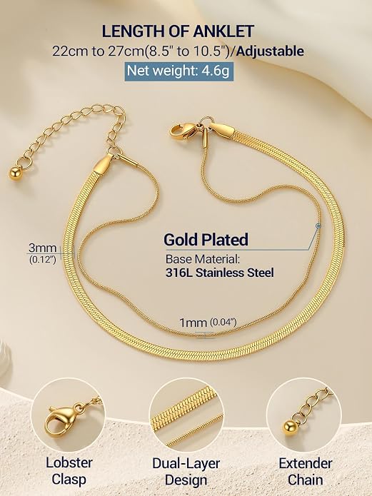 PROSTEEL Ankle Bracelets for Women Waterproof, Layered Stainless Steel Summer Beach anklets, Silver/Gold 8-10.5 Inch Adjustable, Come with Box