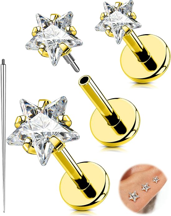 OUFER 18G 6/7/8MM Flat Back Cartilage EarRings-3PCS Gold Titanium Extended Internally Threaded Lip Piercing 2/3/4MM Round Clear CZ Helix Piercing Jewelry
