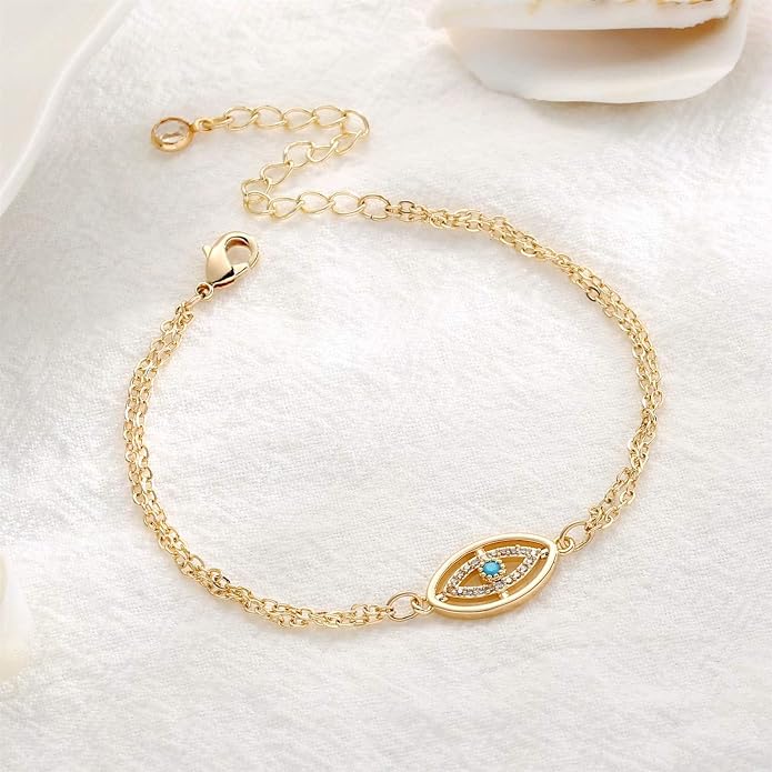 Dainty Gold Bracelets for Women, 14K Gold Plated Adjustable Layered Beads Bracelet Cute Evil Eye Oval Chain Pearl Bar Turtle Gold Bracelets for Women Jewelry