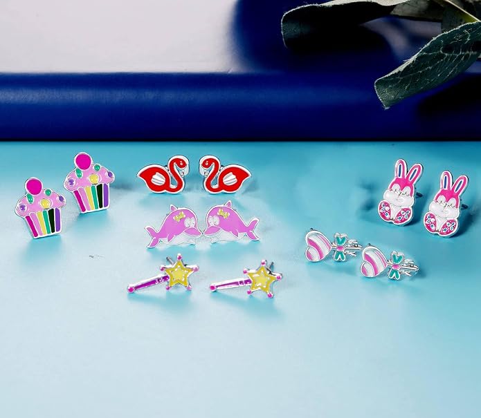 33 Pairs Stainless Steel Cartoon Earrings for Girls - Hypoallergenic Colorful Stud Earing Set, Mix & Match Cute Earring for Teens, Kids, Doll Dressup Accessories