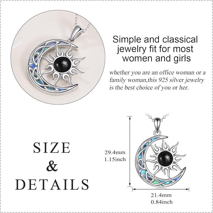 Sun and Moon Necklace for Women 925 Sterling Silver Celtic Crescent Moon Pendant Blue Opal/White Opal/Abelone Shell/Labradorite/Moonstone Jewelry Gift for Teen Girls