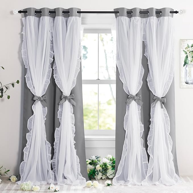 PONY DANCE Shabby Chic Curtains for Room Decor Bedroom Double Layer Ruffle Sheer Overlay with Tiebacks Drapes with Grommet Top, 52" W x 84" L, Silver Grey, Set of 2